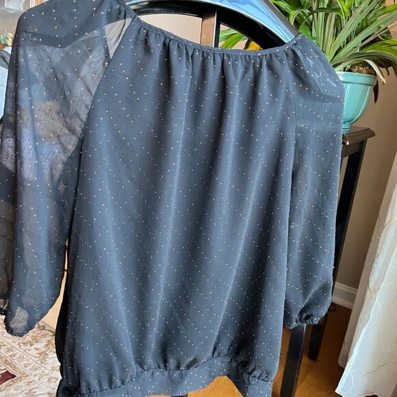 ELLE Blouse Dot Details Sheer Sleeves Scoop Neckline Tie Hem Black & Bronze L - Picture 4 of 14